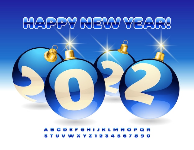Wektor Kartkę Z życzeniami Szczęśliwego Nowego Roku 2022 Z Niebieskimi Kulkami Ozdobnymi Liter Alfabetu I Cyfr