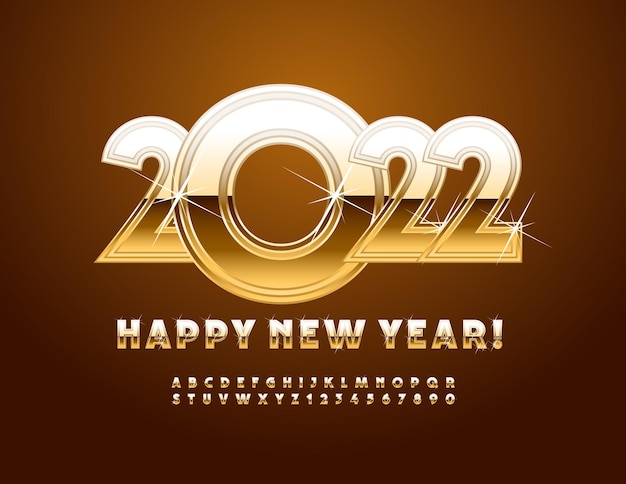 Wektor Kartkę Z życzeniami Szczęśliwego Nowego Roku 2022 Złote Litery Alfabetu I Cyfry Z Błyszczącymi Gwiazdami