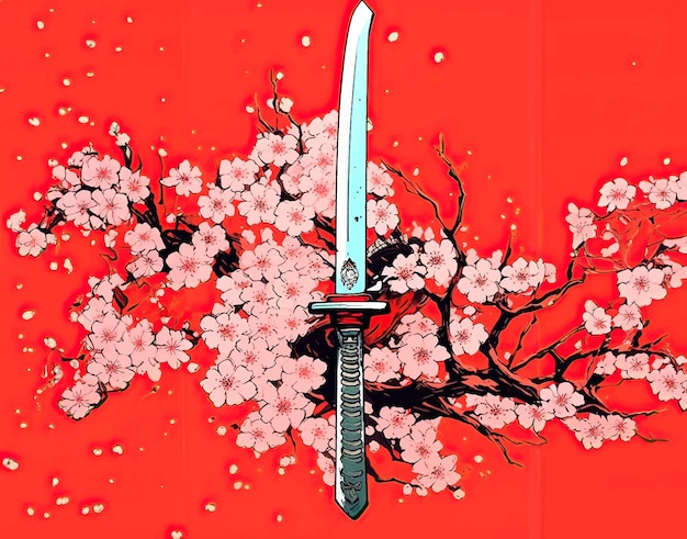 wektor katana i gałąź sakura