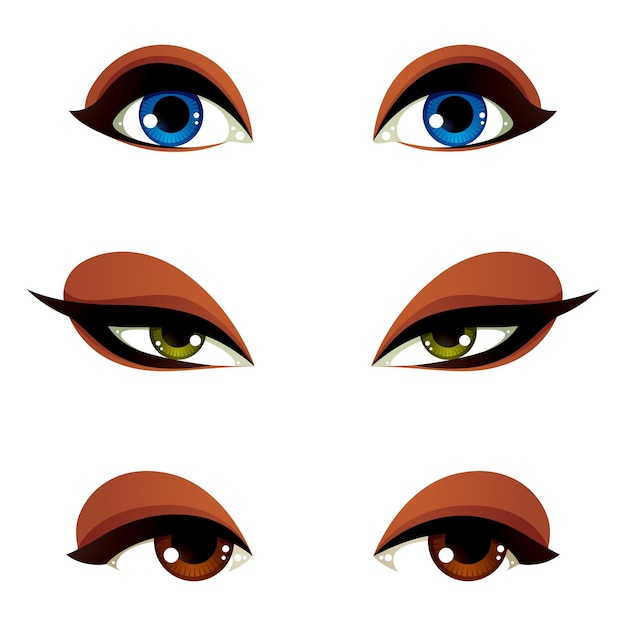 Plik wektorowy wektor kobiece oczy w różnych emocji z tęczówki oka niebieski, brązowy i zielony. oczy kobiet stylowy makijaż na białym tle.