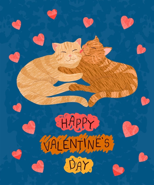 Wektor Kolorowy Kartkę Z życzeniami Z ładną Ilustracją Kilka Zakochanych Kotów Happy Valentines Day