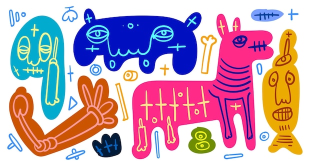 Wektor kolorowy streszczenie doodle sztuki ilustracja zwierząt i ludzi na lato