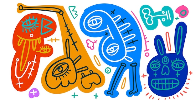 Wektor kolorowy streszczenie doodle sztuki ilustracja zwierząt i ludzi na lato