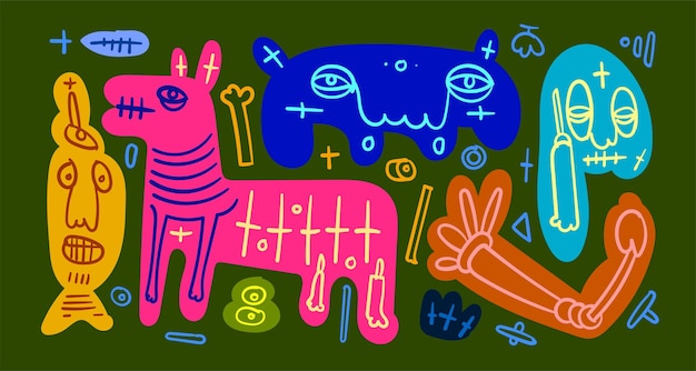 Wektor kolorowy streszczenie doodle sztuki ilustracja zwierząt i ludzi na lato