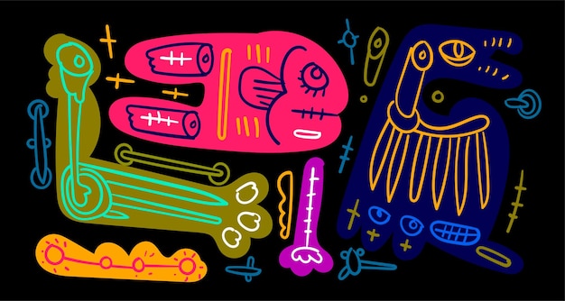 Wektor kolorowy streszczenie doodle sztuki ilustracja zwierząt i ludzi na lato