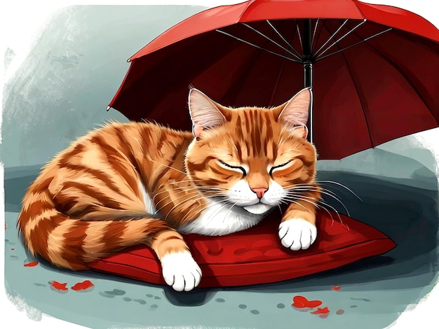 Wektor Kot śpi pod czerwonym parasolem Koty wyglądają szczęśliwie i relaksująco odizolowane