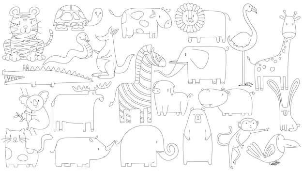 Wektor kreskówka duży zestaw ładny doodle zwierząt