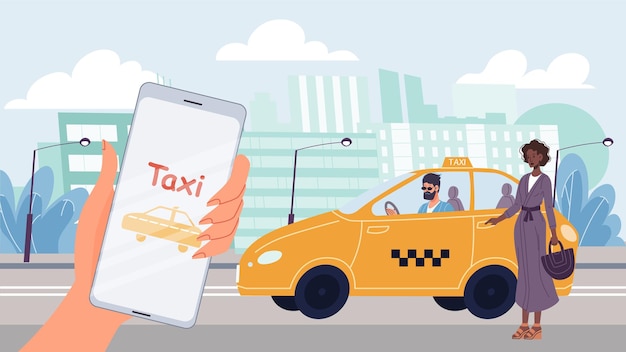 Wektor Kreskówka Płaska Kobieta Charakter Zamówienia Taxi Samochód. Usługa Zamówień Online Na Ekranie Aplikacji Mobilnej, Smartfon W Reklamie Baner Strony Internetowej, Projektowanie Aplikacji Mobilnych, Koncepcja Mediów Społecznościowych