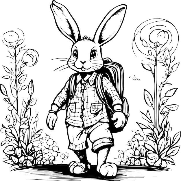Wektor królik kreskówki królik z plecakiem w szkole uroczy szkic charakter projektu królik szkolniaka w