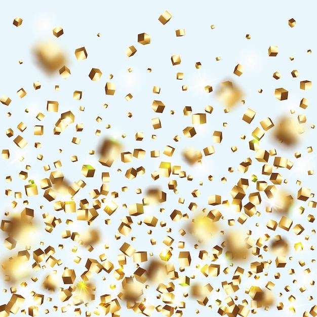 Plik wektorowy wektor kwadratowy bokeh iridescent background chaotic confetti backdrop foil border karta urodzinowa z metaliczną teksturą złota konfetti izolowana złota kostka cząsteczki geometryczna karta rocznica