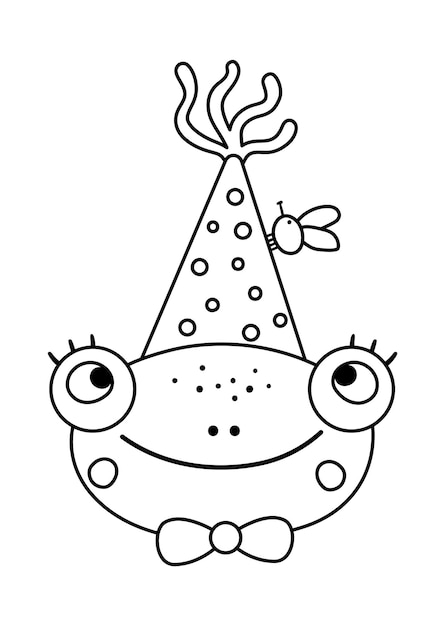 Wektor ładny Czarno-biały żaba Twarz W Party Hat. Urodziny Zarys Awatara Zwierząt. śmieszna Głowa Ilustracja Dla Dzieci. Ikona Linii Uroczystości