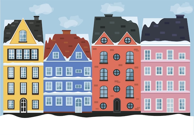 Plik wektorowy wektor ładny zima domy z kamienia. płaska śnieżna scena miasta. fasady kolorowych domów w stylu płaski.