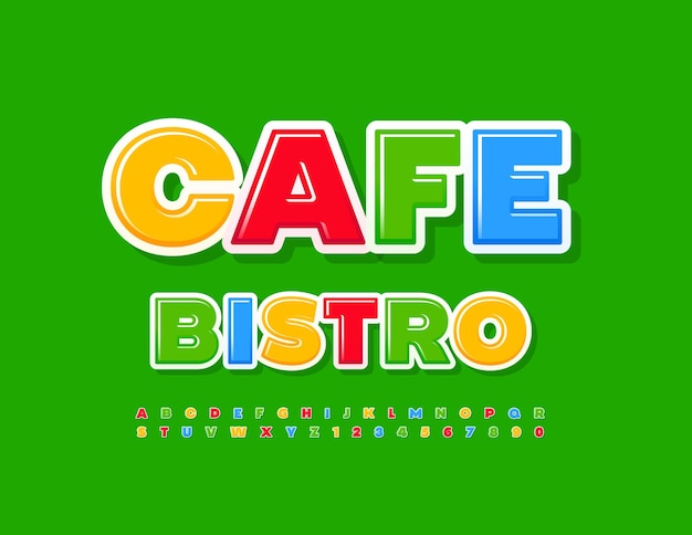 Plik wektorowy wektor logo kreatywnych cafe bistro z kolorowym zestawem liter alfabetu i cyfr. jasna błyszcząca czcionka