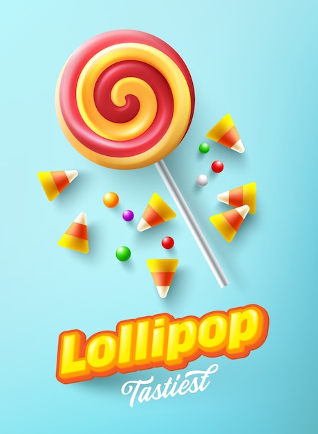 Wektor Lollipop I Kolorowe Cukierki Na Miętowym Niebieskim Pastelu