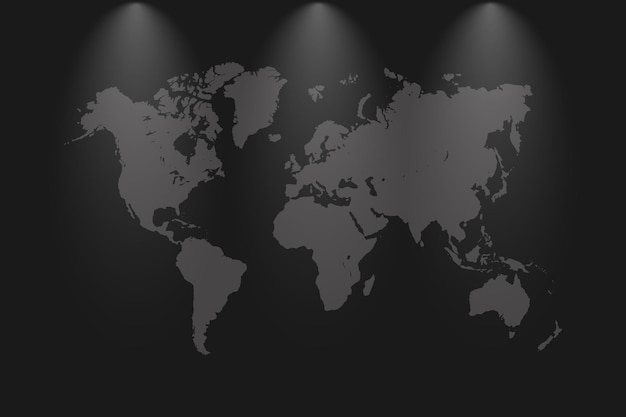 Plik wektorowy wektor mapa świata, na białym na czarnym tle. płaska ziemia, szary szablon mapy dla wzoru strony internetowej