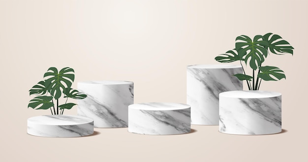 Wektor marmurowy cylinder podium z zielonymi liśćmi scena scena prezentacja produktu perfumy promocja sprzedaż baner prezentacja kosmetyki