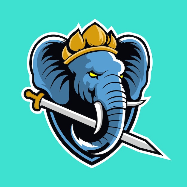 Plik wektorowy wektor maskotki słonia z mieczem i koroną wewnątrz projektu logo tarczy na godło lub koszulkę z nadrukiem