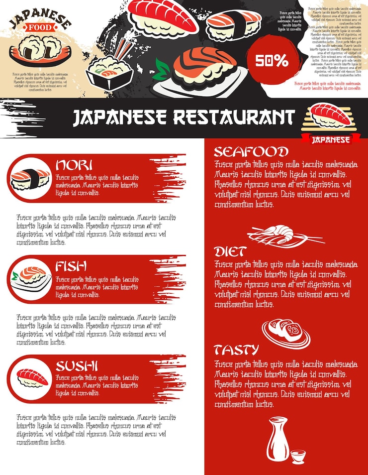 Wektor wektor menu dla japońskiej restauracji żywności sushi