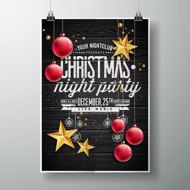 Plik wektorowy wektor merry christmas party projektu z wakacji typografii elementów i złote gwiazdki na tle zabytkowe drewna.