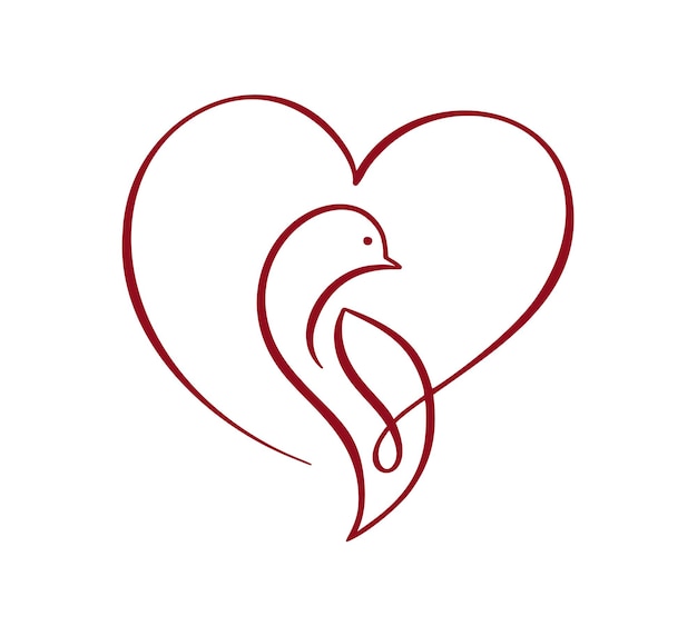 Wektor miłość gołąb z sercem ikona szablonu projektu logo. gołąb niosący serce w stylu Bazgroły. ptak sztuki linii.