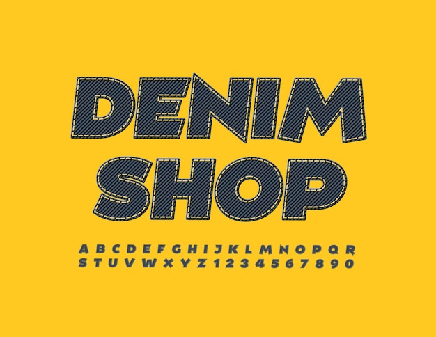Wektor Modne Logo Denim Shop Jeans Litery Alfabetu I Cyfry Ze ściegami Stylowa Tkanina Czcionka