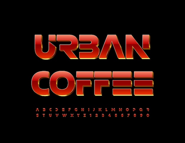 Wektor Modny Znak Urban Coffee Czerwony I Złoty Alfabet Litery I Cyfry 3d Unikalna Czcionka