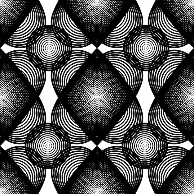 Wektor monochromatyczne paski niekończące się wzór, ciągłe geometryczne tło z graficznymi liniami i nakładającymi się romantycznymi sercami.