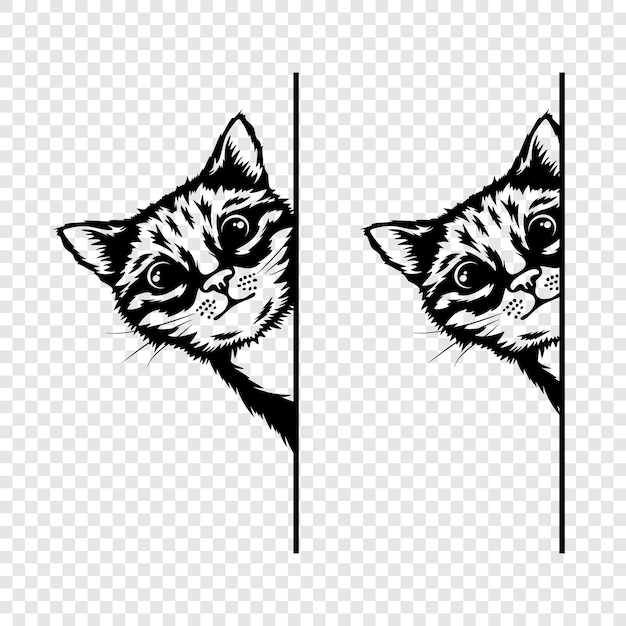 Plik wektorowy wektor monochromatyczne ręka drawm czarno białe ukrywanie peeking kitten peeking kitten głowę kot wygląda z za róg powierzchni pet kitten ciekawie zerkając za białym tle