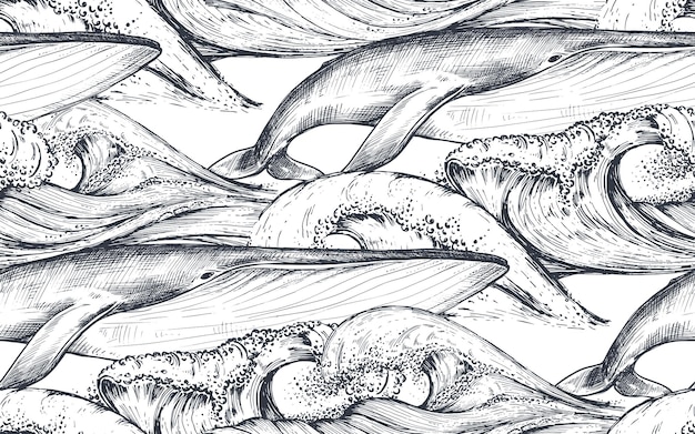 Wektor Monochromatyczny Wzór Z Fal Oceanu I Wielorybów W Stylu Szkicu Podwodny świat Ręcznie Rysowane Graficzne Niekończące Się Tło
