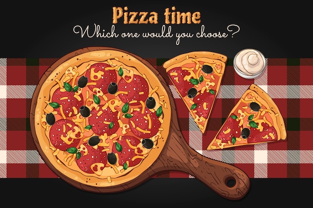 Wektor. Motyw fast food: pizza na desce.