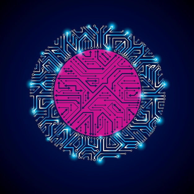 Wektor musujące koło obwodu drukowanego, cyfrowe technologie abstrakcji. Schemat mikroprocesora komputerowego z niebieskim połyskiem ze strzałkami, neonowy futurystyczny design.