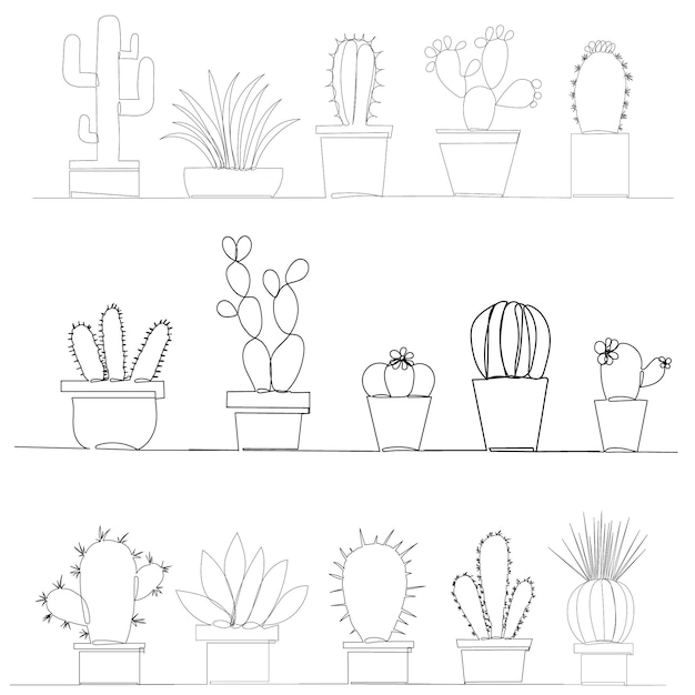 Wektor na białym tle ciągły rysunek linii kaktusa w zestawie garnków