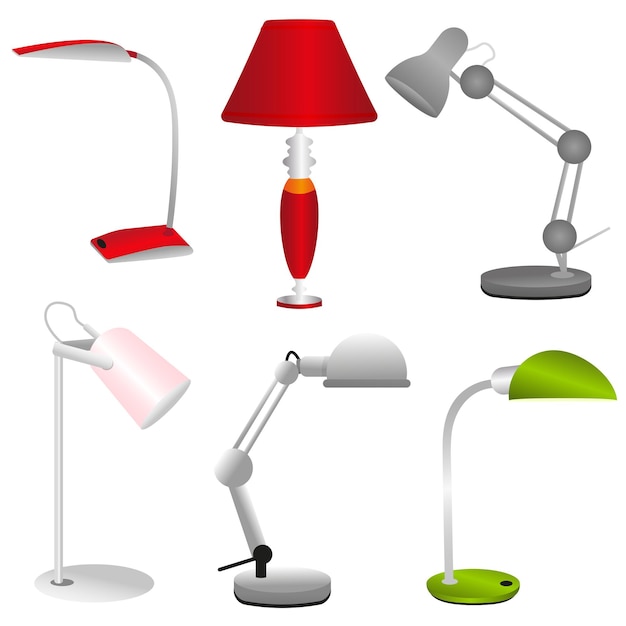 Wektor na białym tle zestaw 6 lamp stołowych do domu i biura. Przenośne lampy biurkowe.