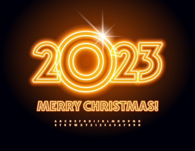 Wektor Neon Kartkę Z życzeniami Wesołych świąt 2023! żółta świecąca Czcionka. Zestaw Kreatywnych Liter Alfabetu