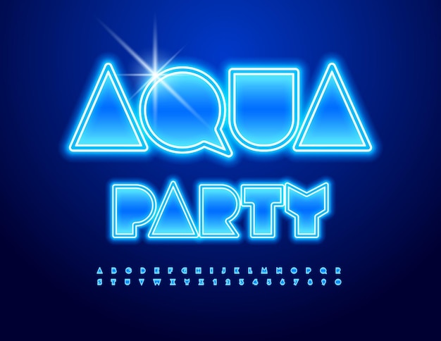 Wektor Neonowy Plakat Aqua Party Big Blue Font Podświetlany Zestaw Liter I Cyfr Alfabetu