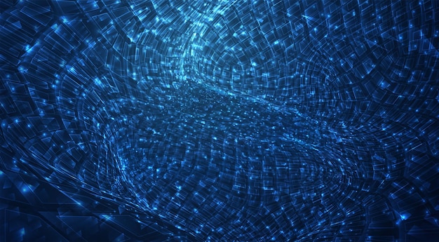 Wektor niebieski strumień świetlistych cząstek i kryształów, wirtualne dane