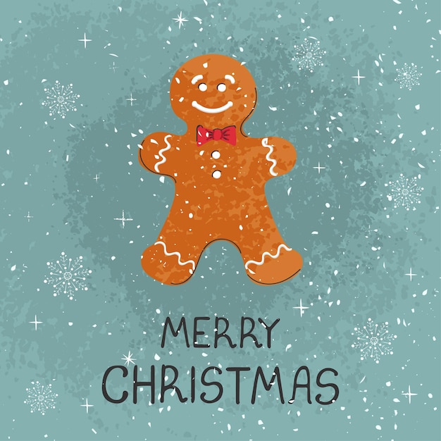 Wektor nowoczesne kartkę z życzeniami kolorowe ręcznie rysować ilustrację Christmas cookie człowieka. Wesołych Świąt. Do projektowania plakatów, kart, banerów, nadruków na t-shirt, zaproszenia, kartki z życzeniami, innych projektów graficznych