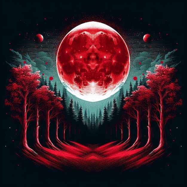 Plik wektorowy wektor obrazu czerwonego księżyca nad lasem