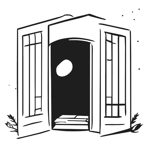 Wektor otwartych drzwi zalesionego domu i rysunek domu z drzewem z przodu