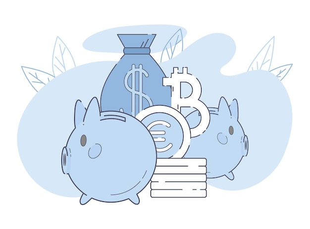 Wektor ozdobny koncepcja finansowa wit tflat przedstawił skarbonki, monety, bitcoiny, ikony worek pieniędzy