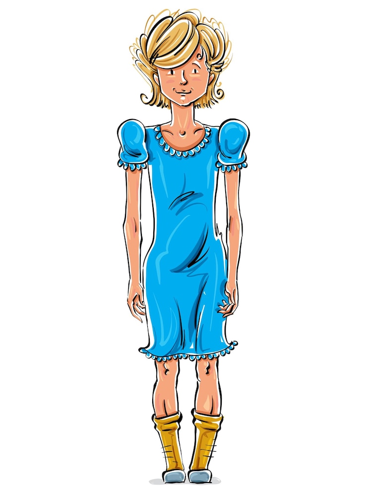 Wektor wektor pełnometrażowy rysunek przyjaznego kaukaskiego blond nastolatka, jasny rysunek ręcznie rysowane widok z przodu uśmiechniętej młodej kobiety, kolorowa ilustracja stojącej szczupłej dziewczyny w niebieskiej sukience.