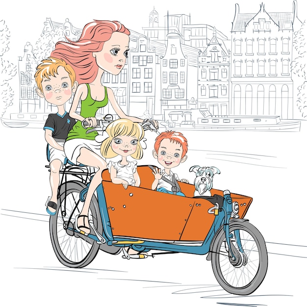 Wektor Piękna Dziewczyna Nosi Dziecko Na Rowerze W Amsterdamie Wektor ładna Dziewczyna Na Skuterze W Paryżu