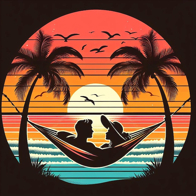 Plik wektorowy wektor plakat do filmu o nazwie para zakochana w palmach i zachodzie słońca