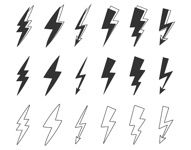 Wektor płaski grzmot i błyskawica oświetlenie ikony flash zestaw wektor na białym tle ikona grzmotu