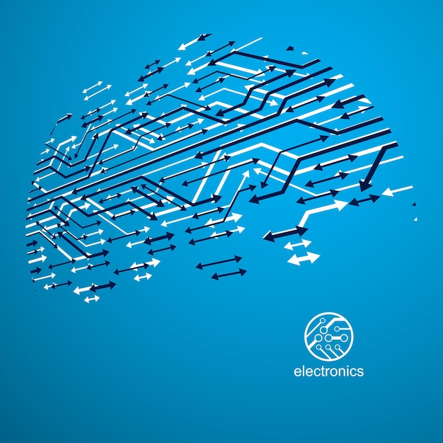 Wektor płytka drukowana z elementami elektronicznymi urządzenia technologii. Abstrakcja cybernetyczna płyty głównej komputera. Mikroprocesor elektroniczny ze strzałkami.