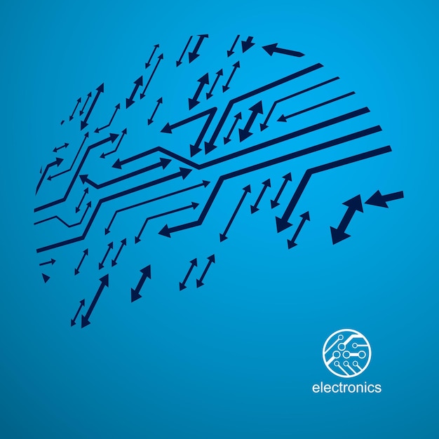 Wektor płytka drukowana z elementami elektronicznymi urządzenia technologii. Abstrakcja cybernetyczna płyty głównej komputera. Mikroprocesor elektroniczny ze strzałkami.