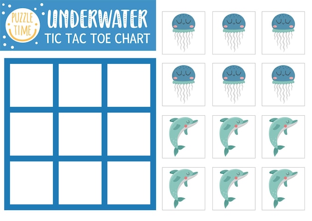 Plik wektorowy wektor pod morzem tic tac toe wykres z delfinem i meduzą ocean life gra planszowa pole z uroczymi postaciami zabawny morski drukowany arkusz noughts and crosses grid xa