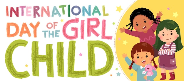 Wektor Poziome Banery Międzynarodowy Dzień Dziecka Dziewczynki Z Trzema Małymi Dziewczynkami