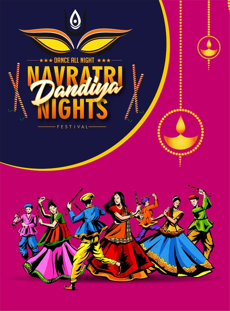 Wektor wektor projekt indyjskiej pary grającej garba w dandiya night w plakat disco dla navratri dassehra