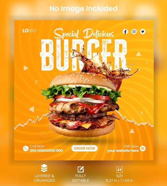 Plik wektorowy wektor pyszny burger i jedzenie menu szablon transparent mediów społecznościowych
